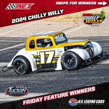 The 2024 and 11th Chilly Willy at Tucson Speedway kicked off Friday with two Legend Car Feature races won by Bryceton Me...