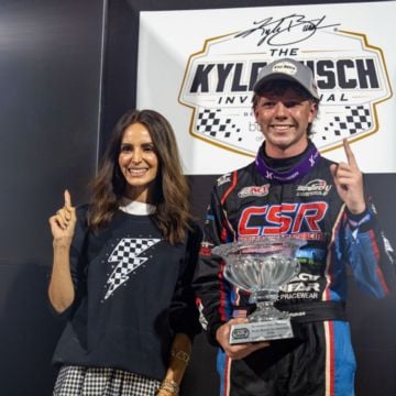 Our first winner of the Kyle Busch Invitational benefiting the @bundleofjoyfund! @carson_sherman_racing wins the Bandole...